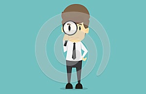 Business man holding magnifying glass.Cartoon of business success is the concept of the man characters business, the mood
