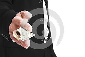 Business man holding money on white background