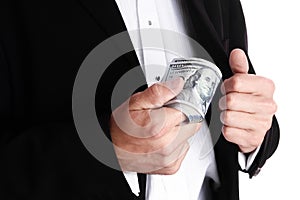 A Business man holding money on white background