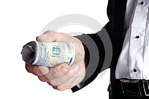 A Business man holding money on white background