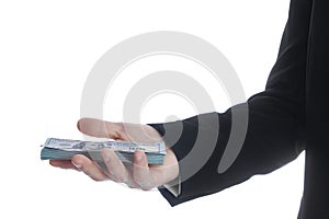 Business man holding money on white background