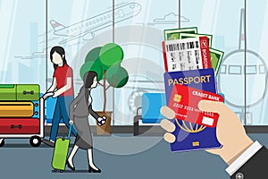 Business man holding passport, boarding pass , pocket money and credit card, prepare for travel with luggage and airport terminal