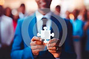 Business man holding a peice of jigsaw puzzle, solution business concept, generative AI photo