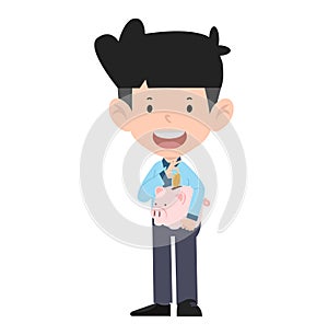 Business man holding piggy bank with money