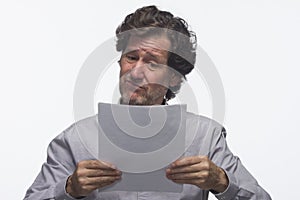 Business man holding report, horizontal