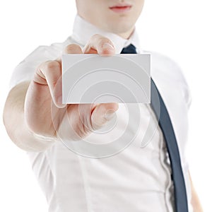 Business man holding and showing blank card