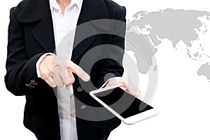 business man holding smart phone with world map graphic in background