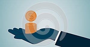 Business man holding stack of dollar coin on hand in flat icon design with blue color background