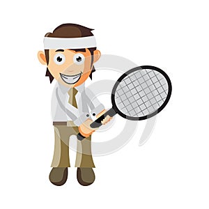 Business man holding tennis court racket cartoon character Illustration design creation Isolated