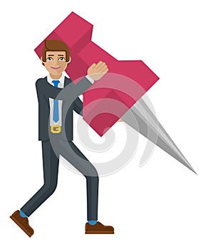 Business Man Holding Thumb Tack Pin Mascot Concept