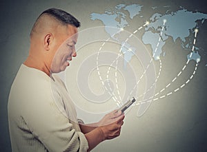 Business man holding using smartphone connected browsing internet worldwide