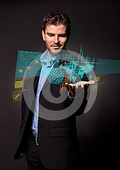 Business man holding virtual digital screen