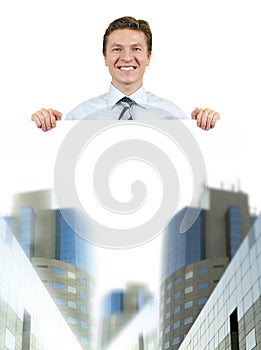 Business man holding a white board with corporate
