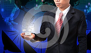 Business man holding white envelope of data and information with