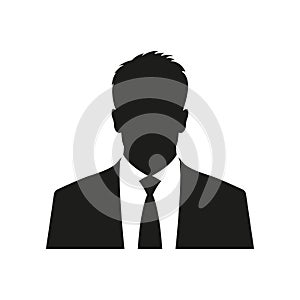 Business man icon. Male face silhouette with office suit and tie. User avatar profile.