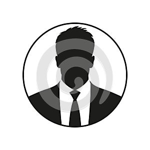 Business man icon. Male face silhouette with office suit and tie. User avatar profile. Vector illustration.