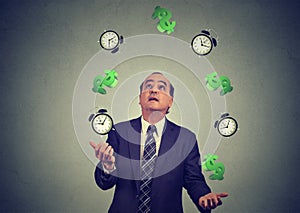 Business man juggling throwing up alarm clocks dollar signs. Time is money concept