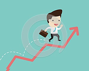 Business man jump over growing chart in flat design