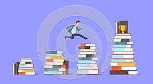 Business Man Jumping Over Stacks Of Books To Golden Cup Successful Businessman Winner