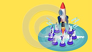 Business  man and  Lady  teamwork social networks.Startup concept with rocket launch. Can use for web banner, infographics, Flat