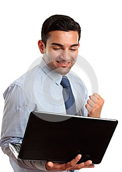 Business man with laptop computer success, victory