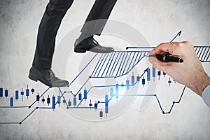 Business man legs climbing up on financial stock market chart. to beat the market. Financial analysis and financial forecasting