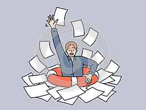 Business man with lifeline is drowning in paperwork, suffering from burnout-causing bureaucracy