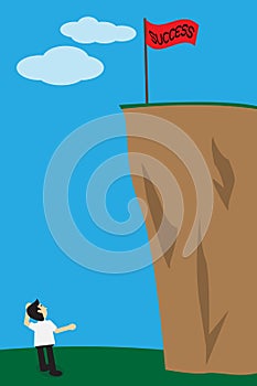 Business man look up the success flag on top of cliff, concept f