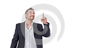 Business man looking at camera and pointing finger up. image isolated over white background. people, male, business and