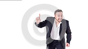 Business man looking at camera and pointing finger up. image isolated over white background. people, male, business and