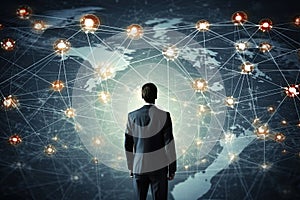 Business man looking at global structure networking and data exchanges customer connection on world map background
