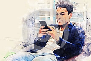 Business man looking mobile phone in the office on watercolor illustration painting background.