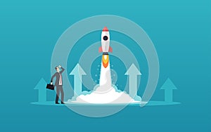 Business man looking at rocket launching with moving arrows in flat icon design and blue color background