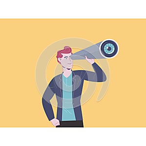 Business man looks through a telescope. Business Vision and Leadership Concept.Flat vector illustration
