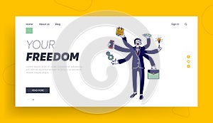 Business Man with Many Hands Multitasking and Self-employment Website Landing Page. Businessman Doing Multiple Tasks photo