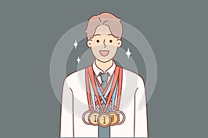 Business man with medals for winning corporate competitions between company employees