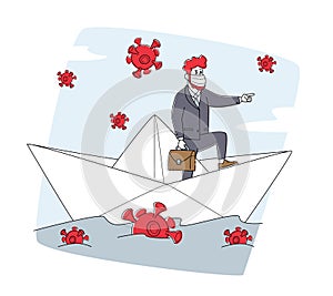 Business Man in Medic Mask Floating on Paper Boat with Covid Cells around. Leader Businessman Character Survive