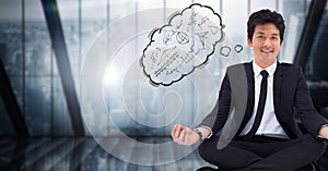 Business man meditating against blue window with thought cloud showing math doodles