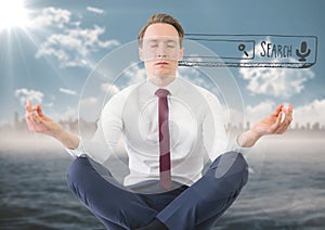 Business man meditating against blurry skyline and water with search bar