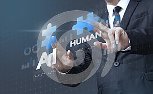 Business man mergers A.I. Artificial Intelligence and human