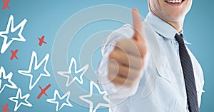 Business man mid section giving thumbs up against blue background with red and white hand drawn star