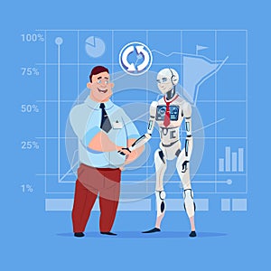 Business Man And Modern Robot Shaking Hands Artificial Intelligence Cooperation Concept