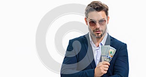 Business man with money banknotes, banner. Male entrepreneur with dollar bills. Lucky boss, insurance agent, manager