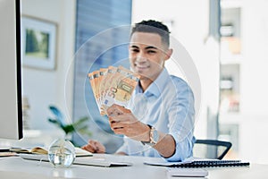 Business man, money and cash on computer for stock market success, sales and profit or job investment. Portrait of