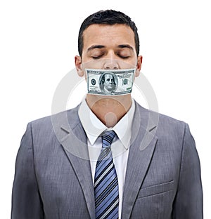 Business man, money and mouth for silence, bribe or corruption with suit in studio by white background. Person, cash and