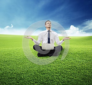 Business man with notebook on grass