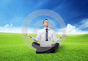 Business man with notebook sitting on grass