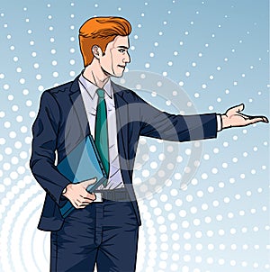 Business man with a notebook Talk about meetings Illustration vector On pop art comics style background