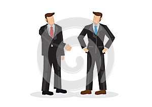 Business man offering hand shake while another is ignoring him.