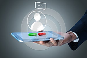 Business man with online button
